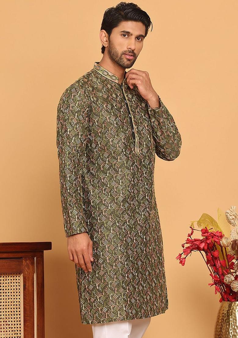 Olive Embroidered Silk Kurta For Men - Indya