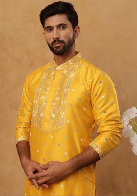 Yellow Printed Silk Blend Kurta For Men