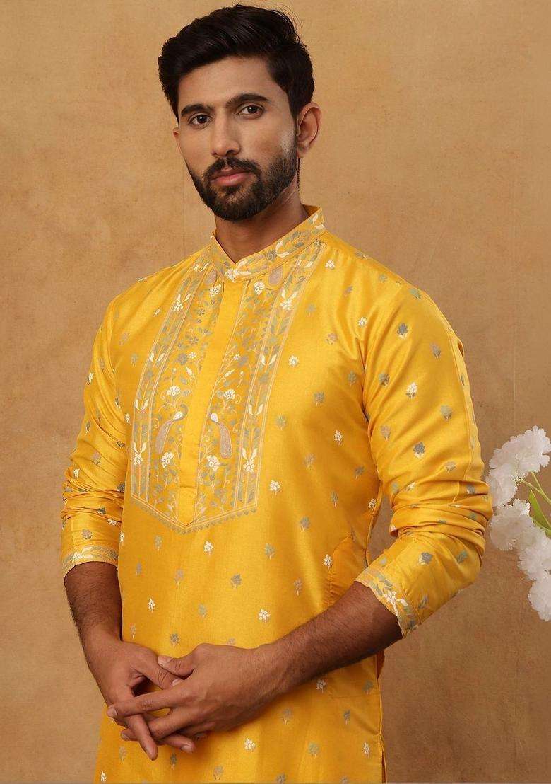 Yellow Printed Silk Blend Kurta For Men - Indya
