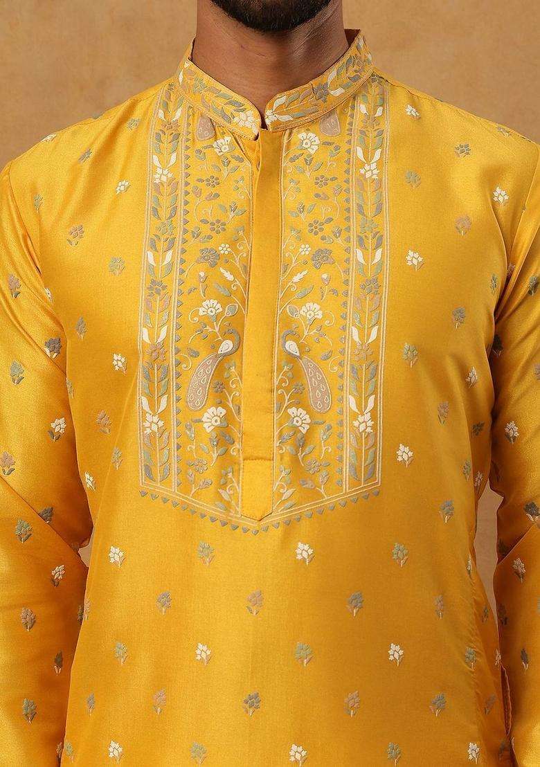 Yellow Printed Silk Blend Kurta For Men - Indya