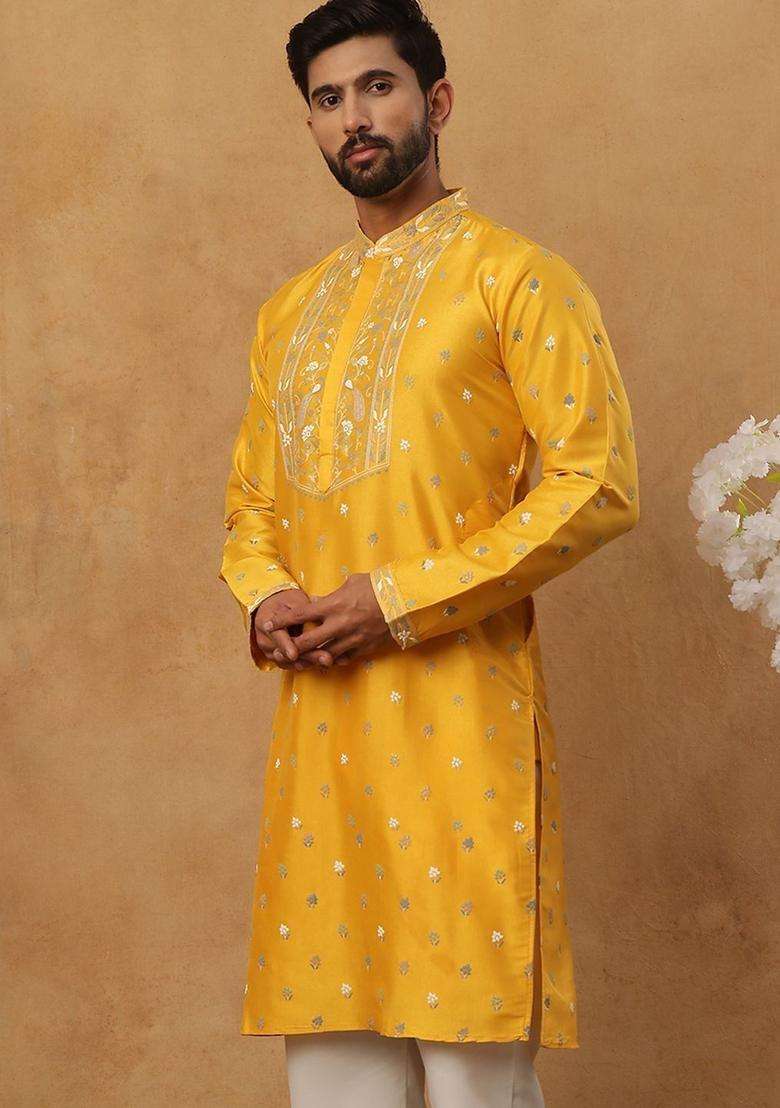 Yellow Printed Silk Blend Kurta For Men - Indya