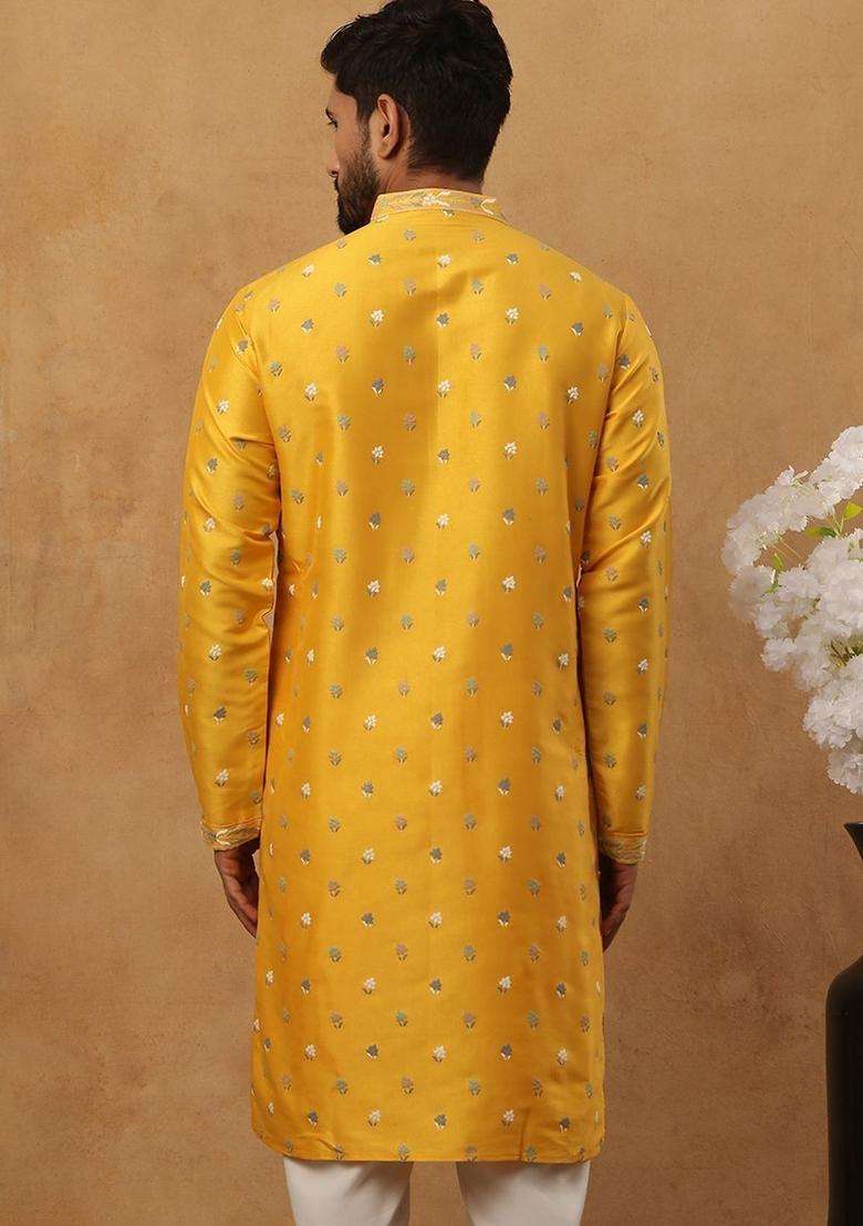 Yellow Printed Silk Blend Kurta For Men - Indya
