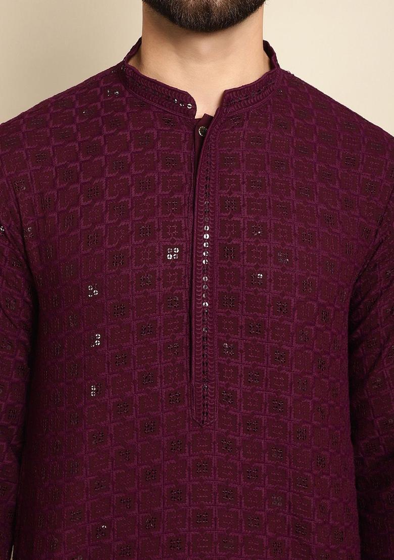 Purple Solid Cotton Kurta For Men - Indya