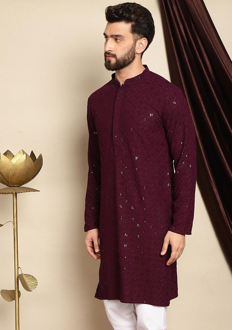 Purple Solid Cotton Kurta For Men - Indya