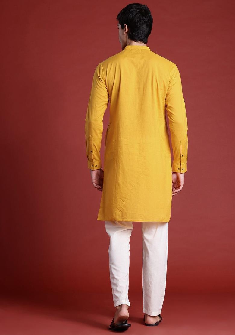 Yellow Solid Cotton Kurta For Men - Indya