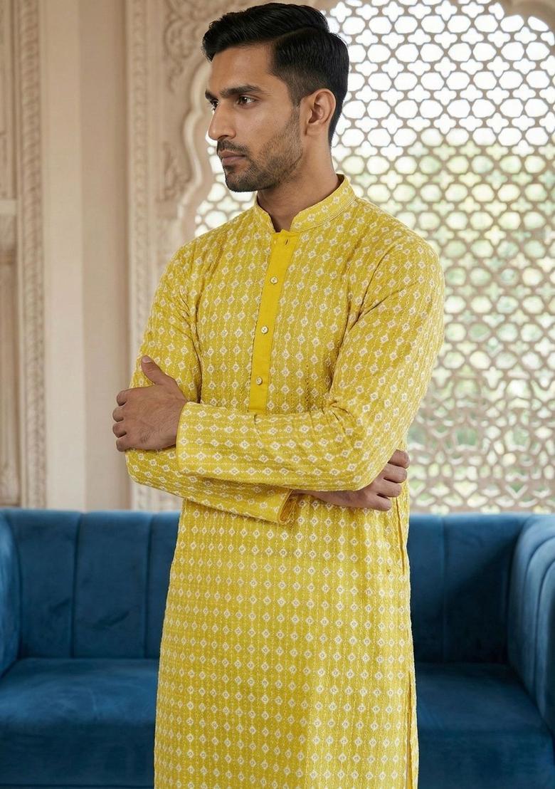 Yellow Embroidered Cotton Kurta For Men - Indya