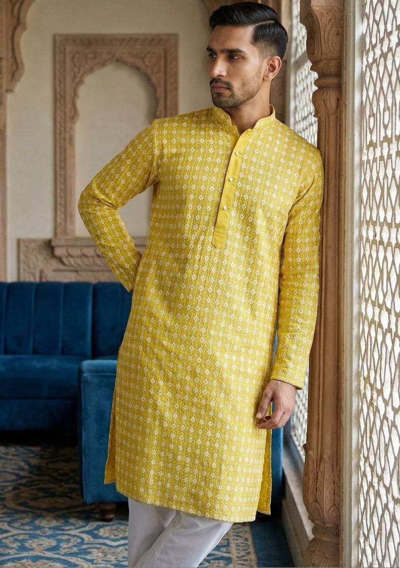 Yellow Embroidered Cotton Kurta For Men - Indya