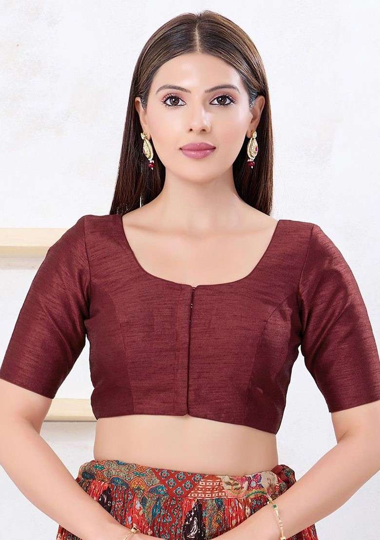 Silk Round Neck Padded Saree Blouse - Indya