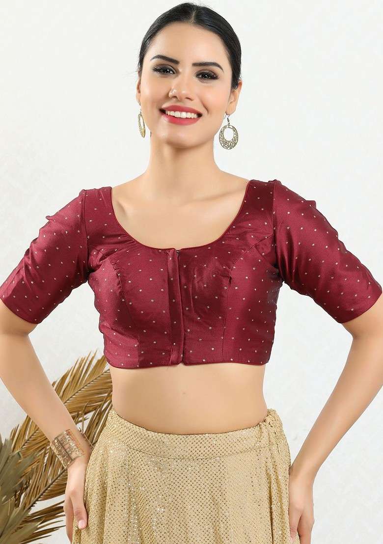 Woven Design Silk Round Neck Padded Saree Blouse - Indya