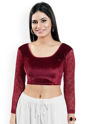 Velvet Round Neck Short Sleeves Non Padded Saree Blouse