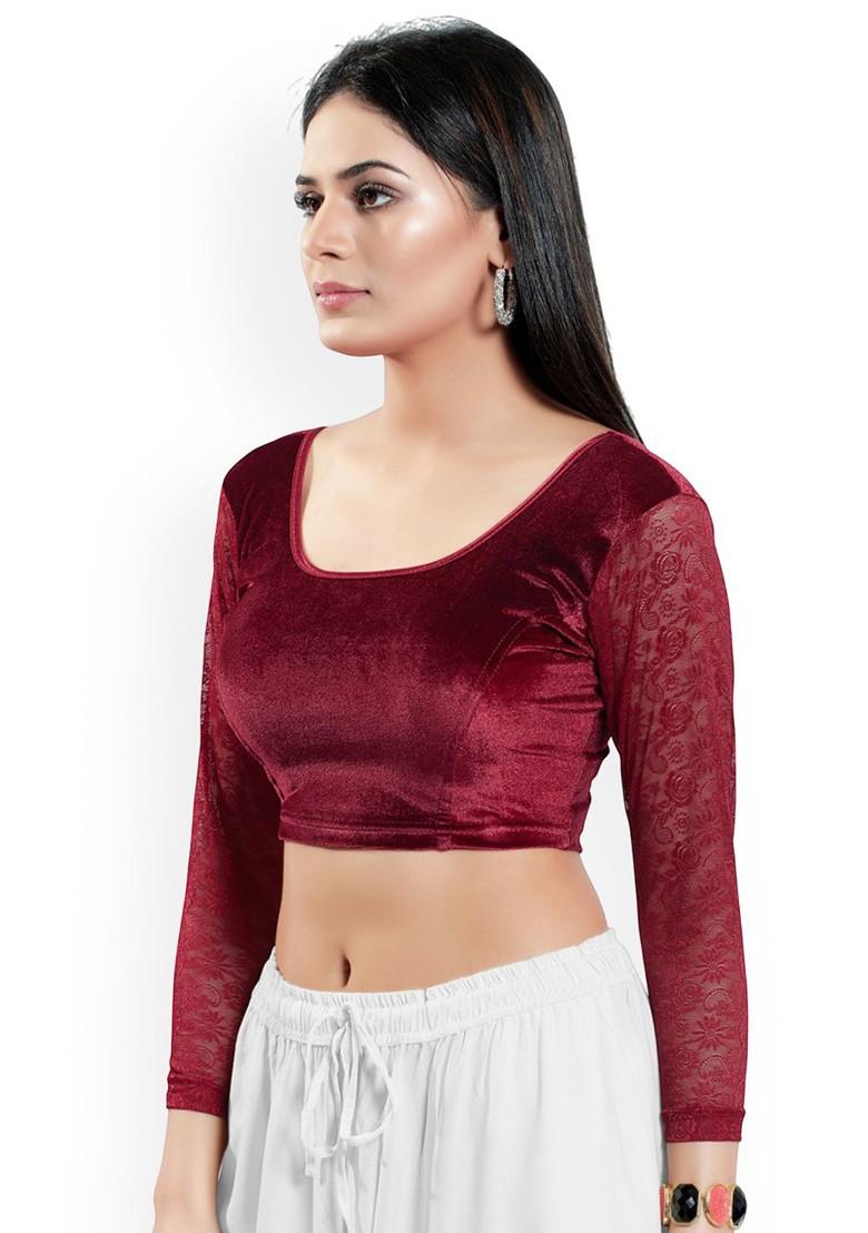 Velvet Round Neck Short Sleeves Non Padded Saree Blouse