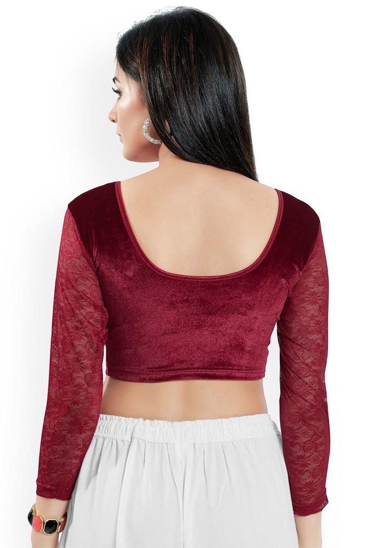 Velvet Round Neck Short Sleeves Non Padded Saree Blouse