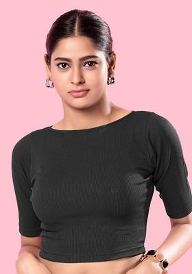 Solid Silk Round Neck Short Sleeves Non Padded Saree Blouse