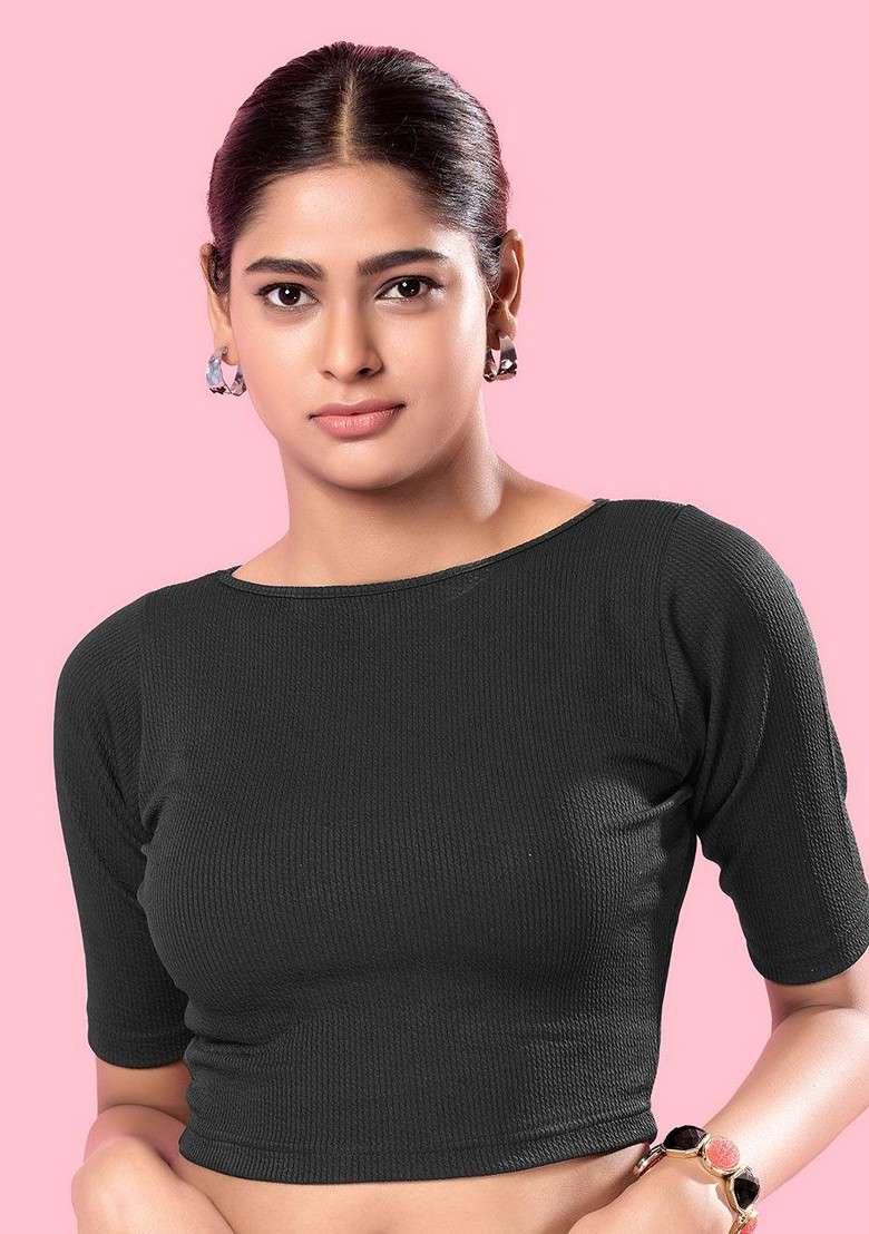 Solid Silk Round Neck Short Sleeves Non Padded Saree Blouse - Indya