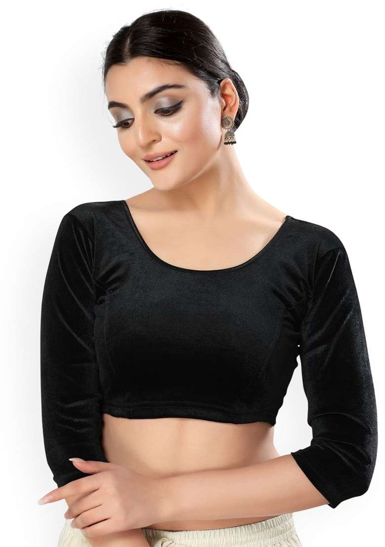Velvet Round Neck Non Padded Stretchable Saree Blouse - Indya