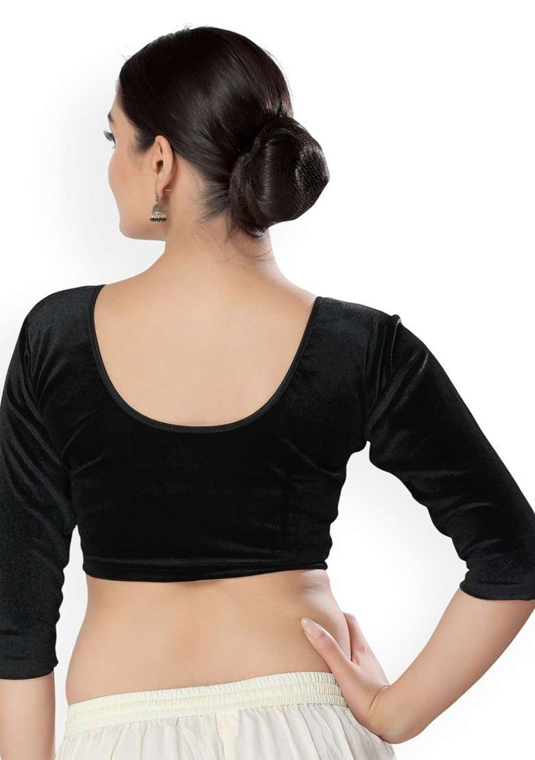 Velvet Round Neck Non Padded Stretchable Saree Blouse - Indya
