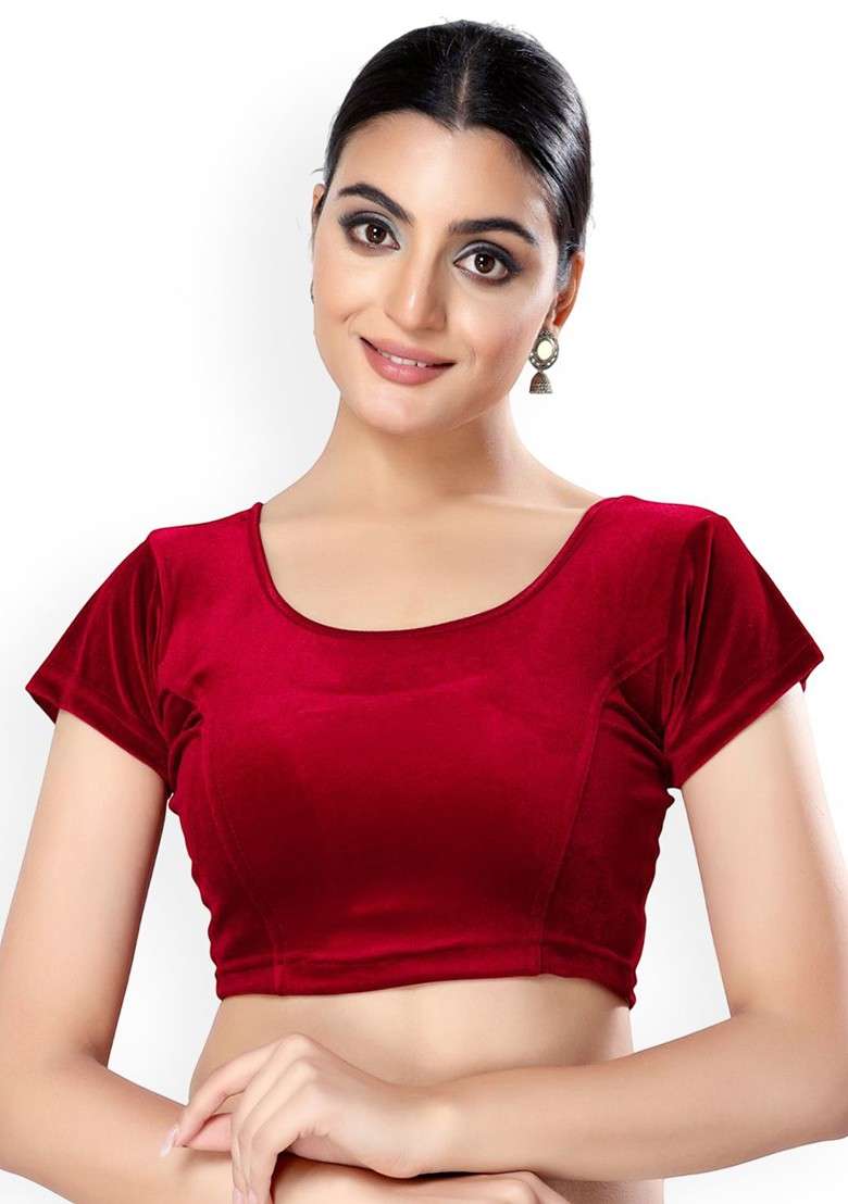 Velvet Round Neck Short Sleeves Non Padded Saree Blouse - Indya