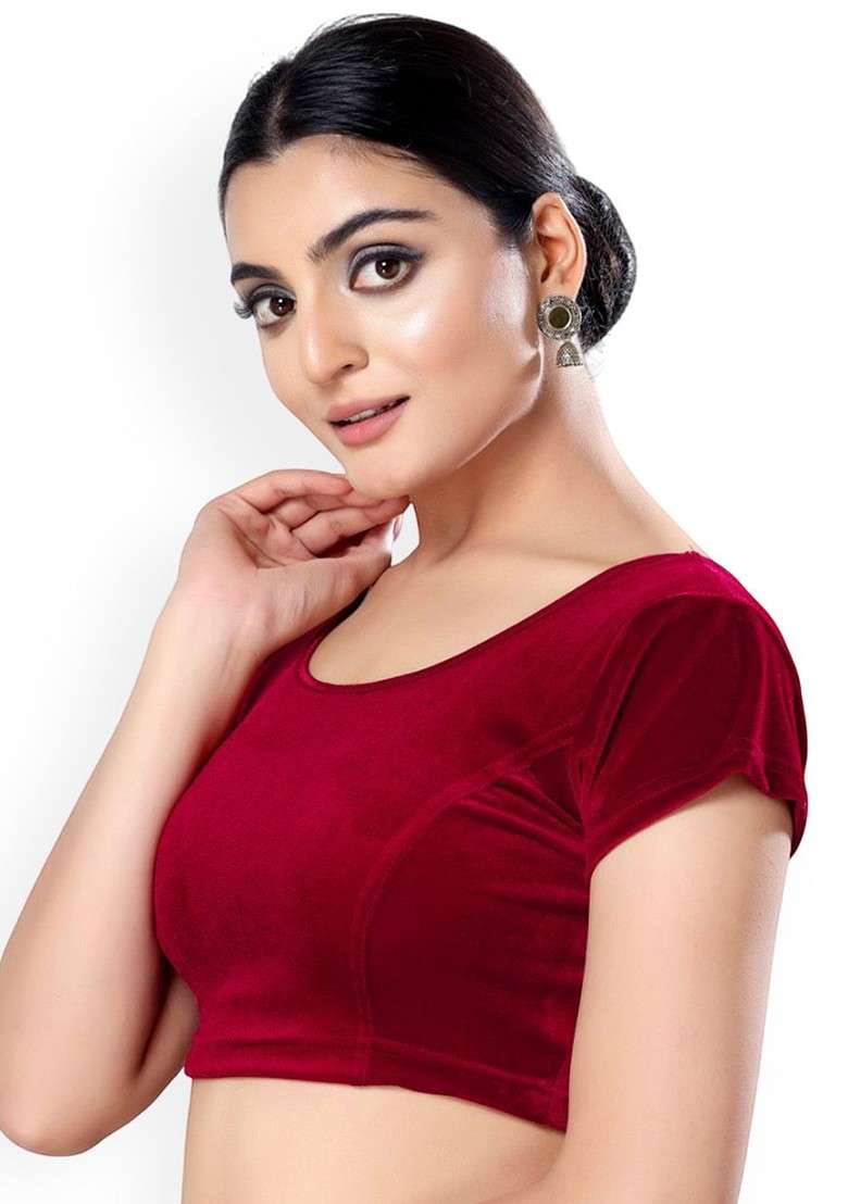 Velvet Round Neck Short Sleeves Non Padded Saree Blouse - Indya