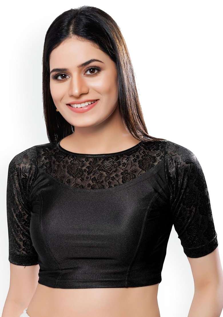 Round Neck Short Sleeves Non Padded Saree Blouse - Indya