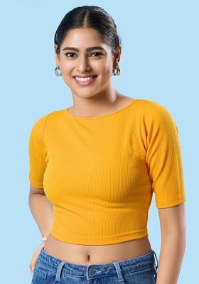 Silk Round Neck Short Sleeves Non Padded Saree Blouse