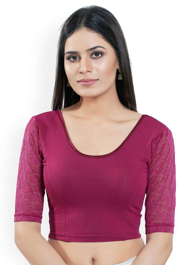 Round Neck Short Sleeves Non Padded Saree Blouse - Indya