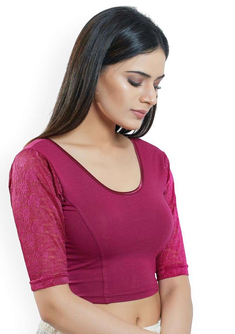 Round Neck Short Sleeves Non Padded Saree Blouse - Indya