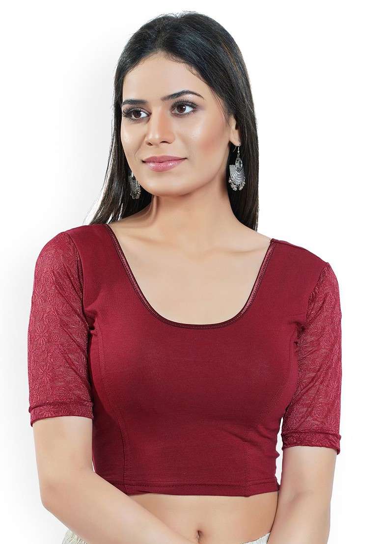Round Neck Short Sleeves Non Padded Saree Blouse - Indya
