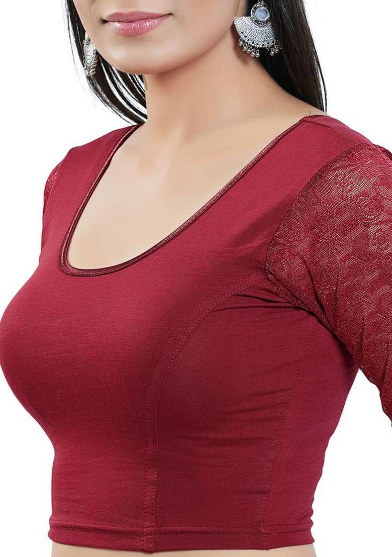 Round Neck Short Sleeves Non Padded Saree Blouse - Indya