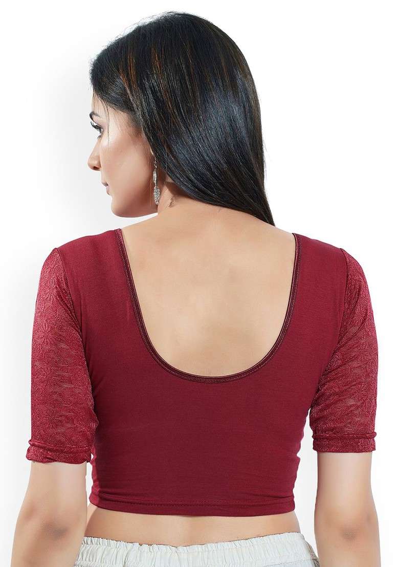 Round Neck Short Sleeves Non Padded Saree Blouse - Indya