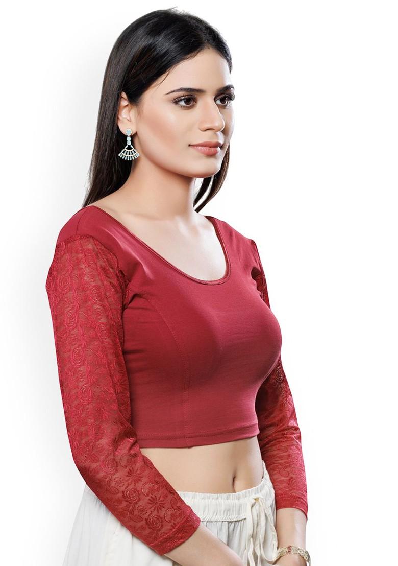 Embroidered Lace Detailed Round Neck Non Padded Saree Blouse