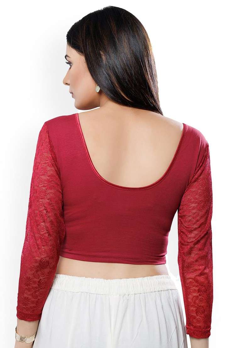 Embroidered Lace Detailed Round Neck Non Padded Saree Blouse - Indya