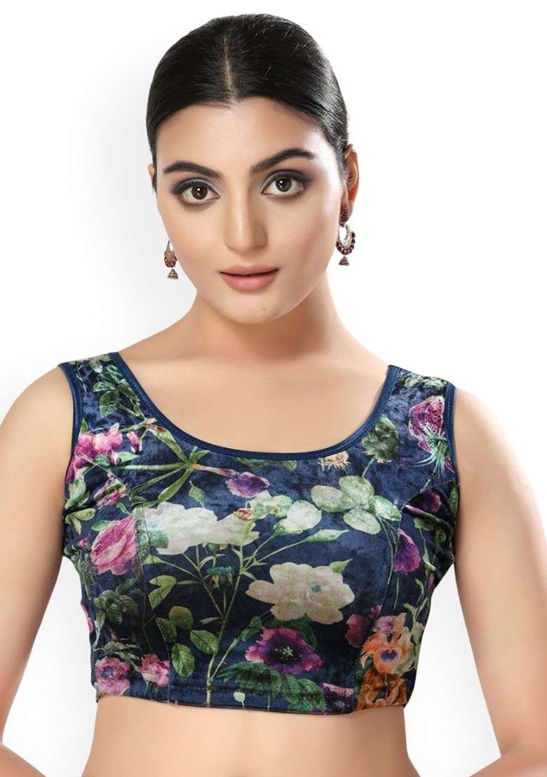 Printed Velvet Round Neck Non Padded Stretchable Saree Blouse - Indya