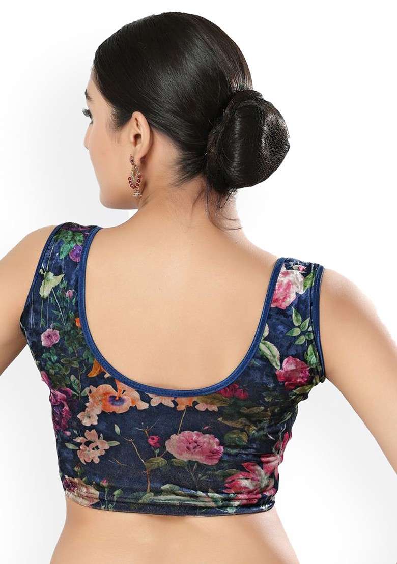 Printed Velvet Round Neck Non Padded Stretchable Saree Blouse - Indya
