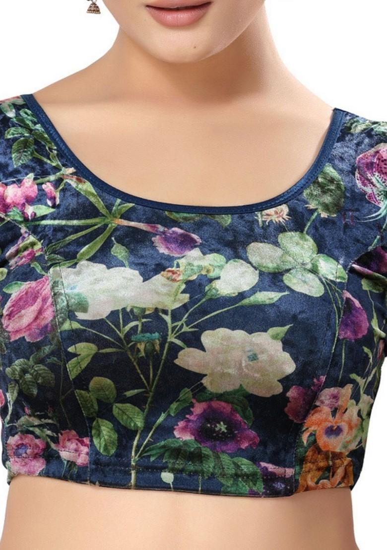 Printed Velvet Round Neck Non Padded Stretchable Saree Blouse