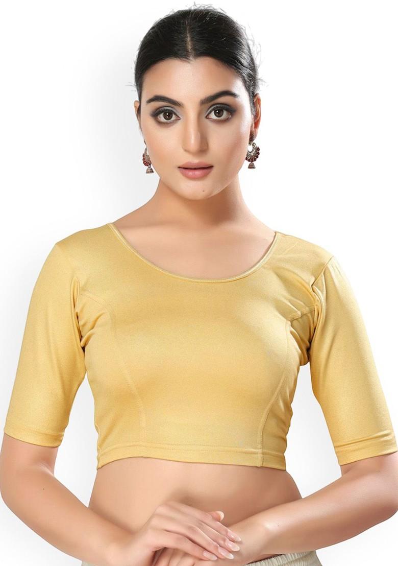 Women Round Neck Short Sleeves Non Padded Saree Blouse