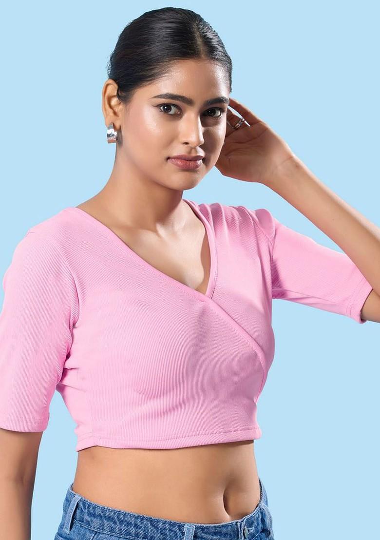 Women V Neck Short Sleeves Non Padded Saree Blouse