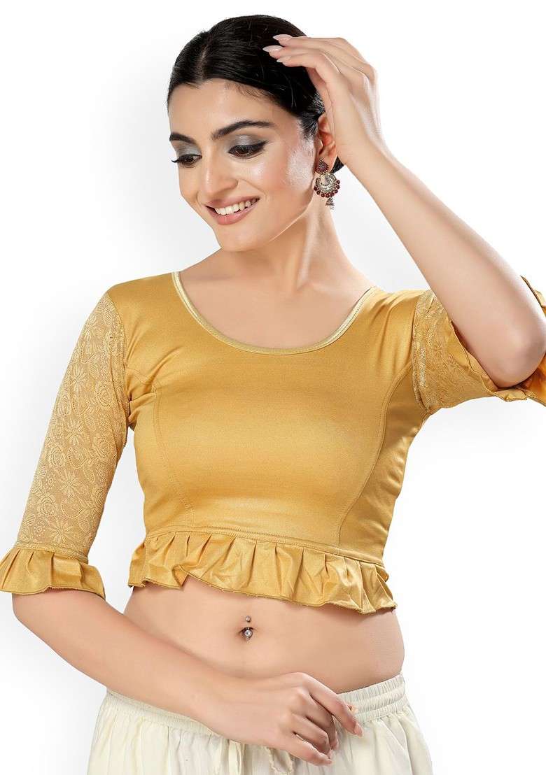 Round Neck Short Sleeves Non Padded Saree Blouse - Indya