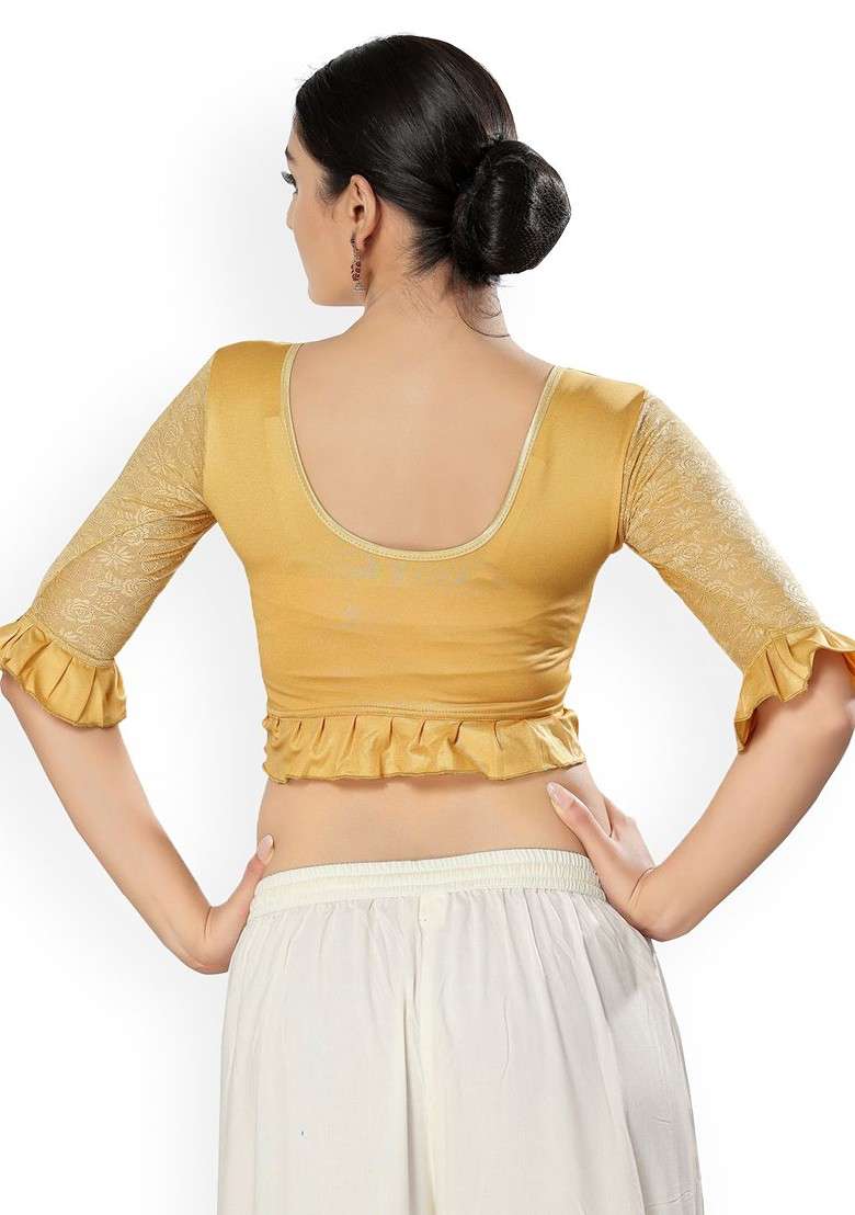 Round Neck Short Sleeves Non Padded Saree Blouse - Indya