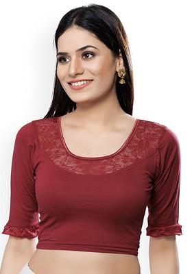 Embroidered Lace Detailed Round Neck Non Padded Saree Blouse