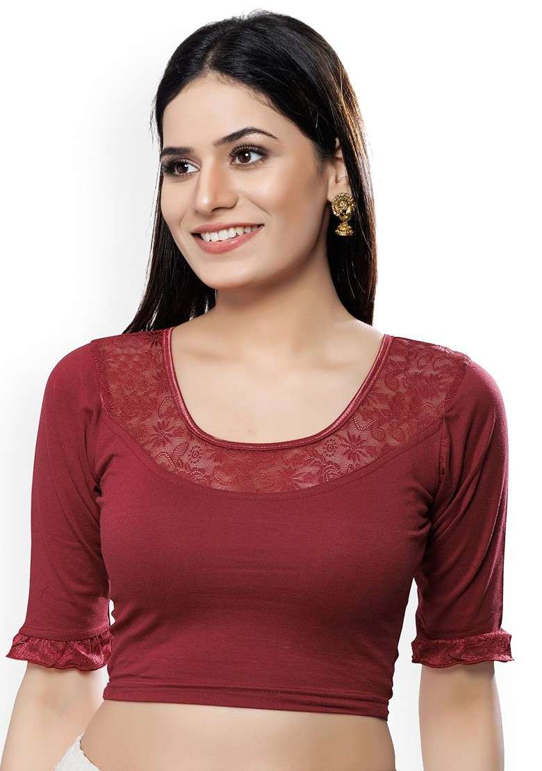 Embroidered Lace Detailed Round Neck Non Padded Saree Blouse - Indya