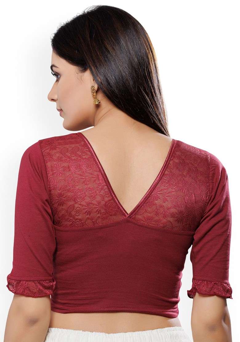 Embroidered Lace Detailed Round Neck Non Padded Saree Blouse - Indya