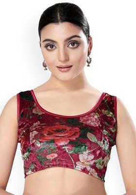 Floral Printed Velvet Round Neck Non Padded Saree Blouse