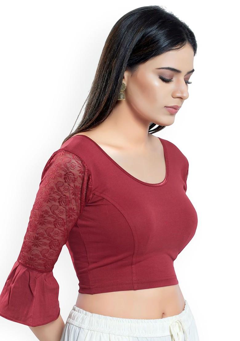 Embroidered Lace Detailed Round Neck Bell Sleeve Saree Blouse