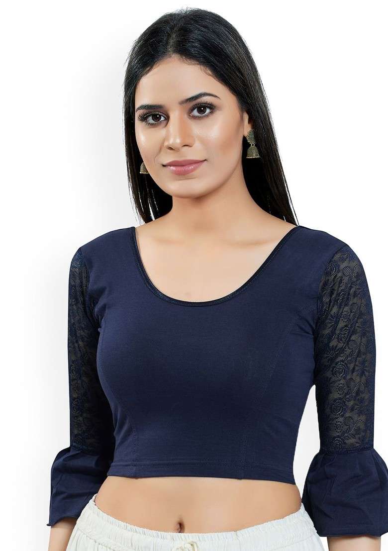 Round Neck Non Padded Stretchable Saree Blouse - Indya
