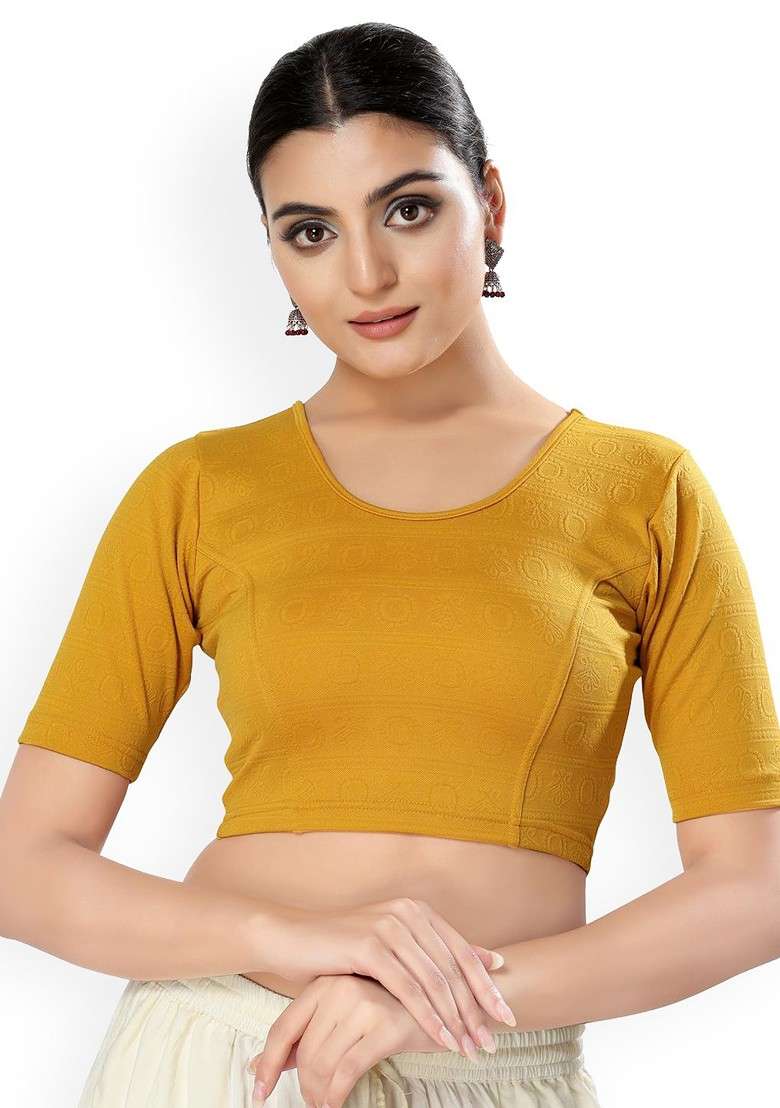 Round Neck Non Padded Stretchable Saree Blouse - Indya