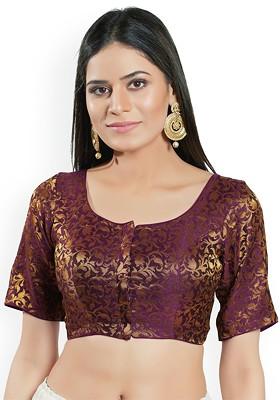 Woven Design Brocade Round Neck Padded Saree Blouse