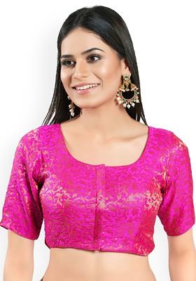 Woven Design Brocade Round Neck Padded Saree Blouse