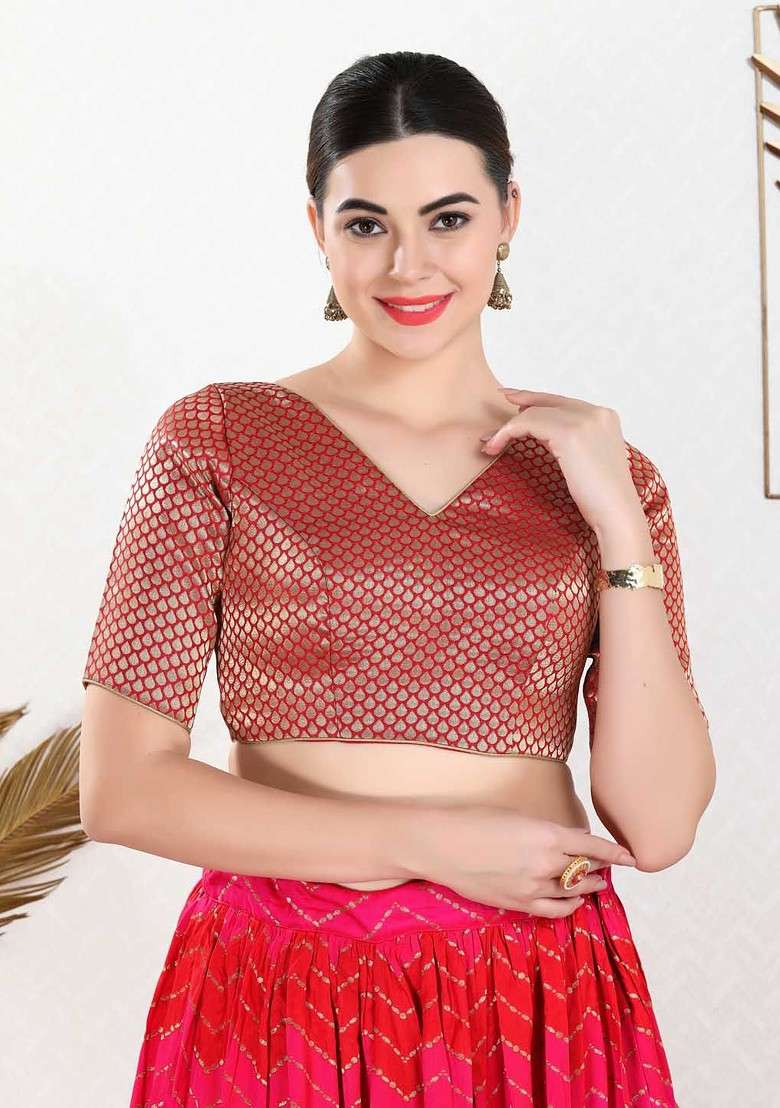 Women V Neck Padded Saree Blouse - Indya