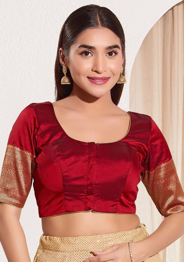 Woven Design Round Neck Padded Saree Blouse