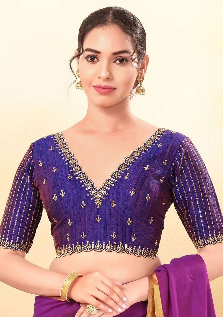 Women V Neck Padded Saree Blouse - Indya